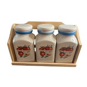 VTG 2006 RTH Stoneware Apple Fruit 3 Piece Canister Set in Wooden Crate NIB